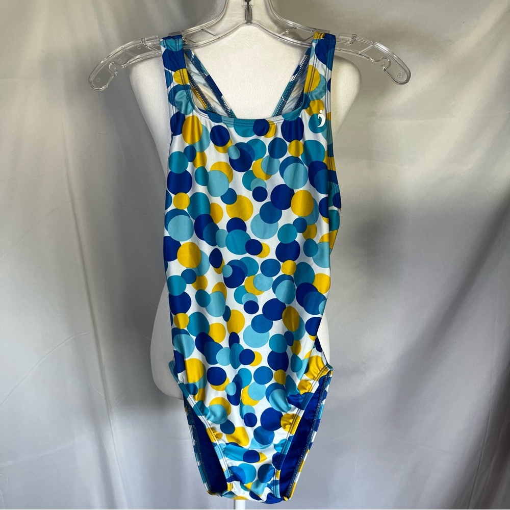 Illusion Activewear Swim Training One Piece Swimsuit Blue & Yellow Polka Dots 38